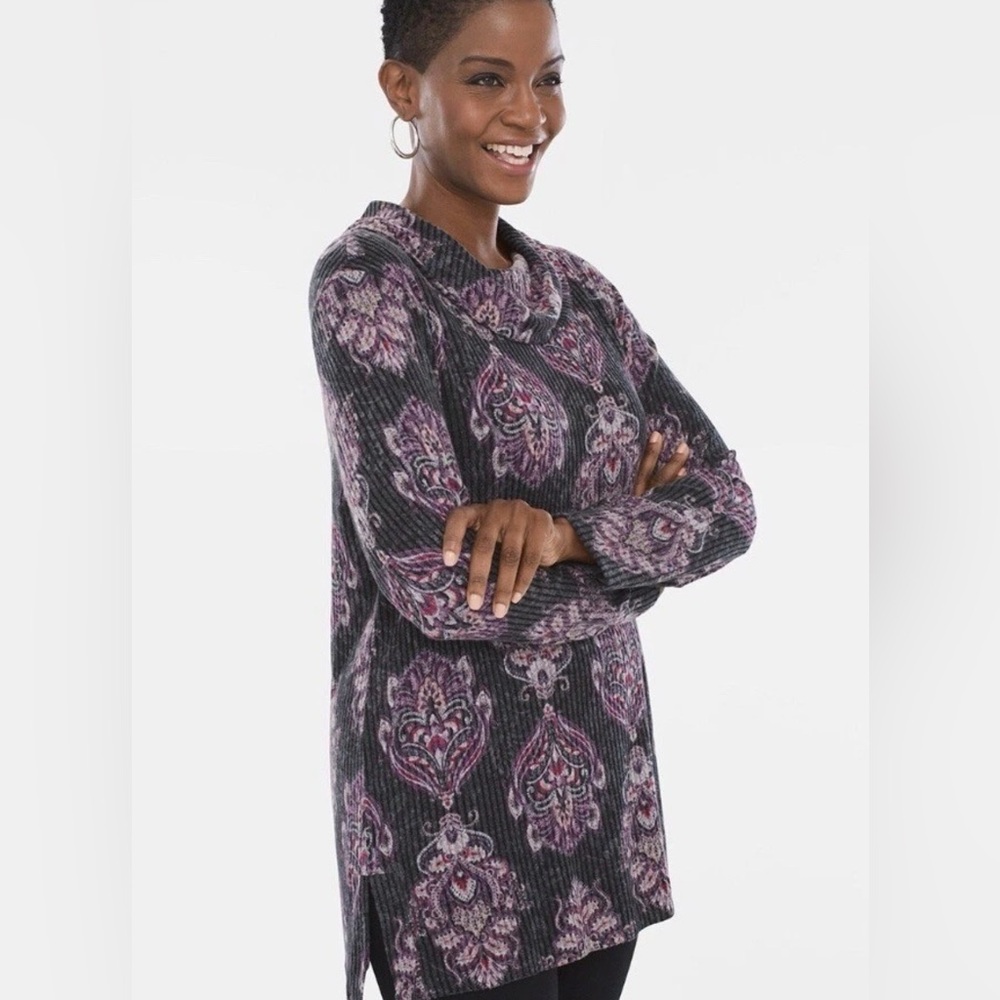 Chico's Zenergy Purple & Black Floral Cowl-Neck Tunic 0P (US 4-6 Petite)